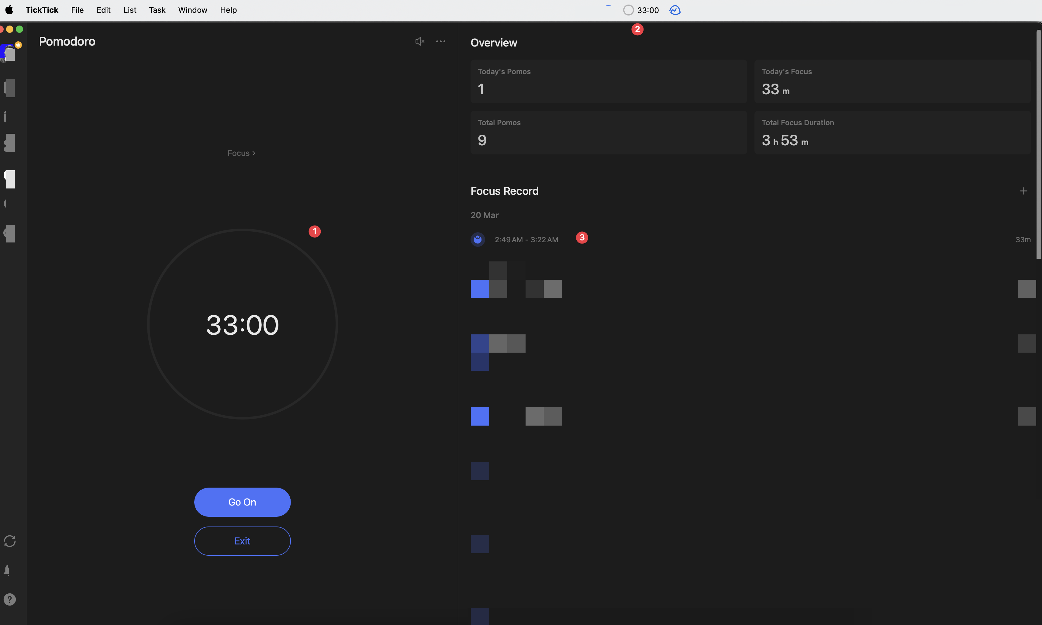 TickTick Pomodoro timer app interface