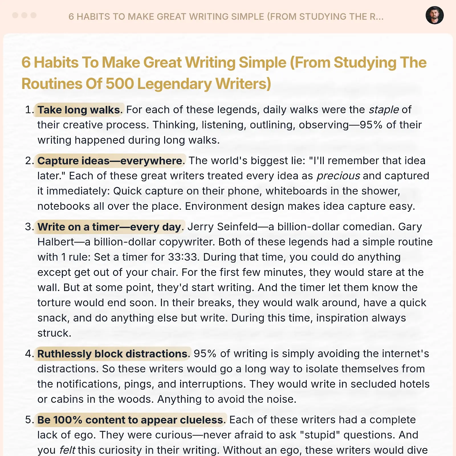 Excerpt from Paul Graham essay on writing in dickies, the inspiration to write with a timer